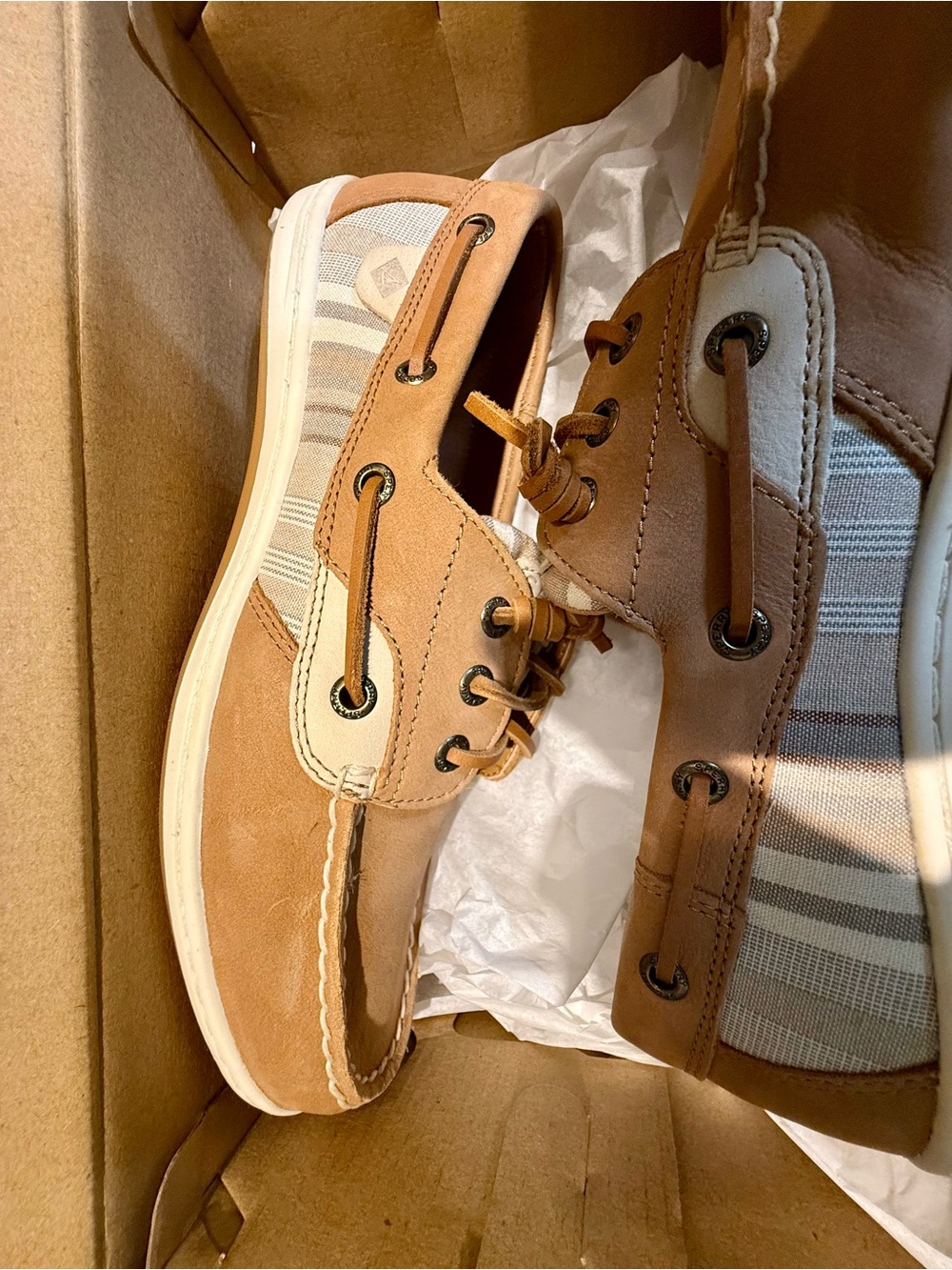 Sperry Tan Suede and Cream Striped Boat Shoes - Picture 3 of 6